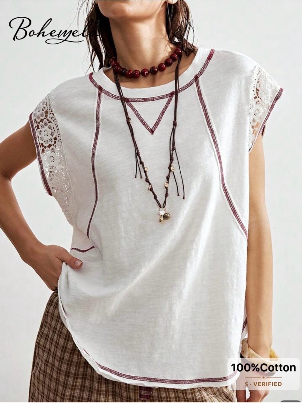 NWOT Bohemela Lace-Trim White Cotton Muscle Tee with Burgundy Stitching, Large